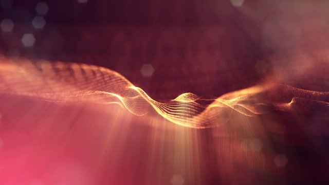 4k seamless 3d animation as sci-fi background with glow particles and depth of field, bokeh. Glowing floating particles form curves, surfaces, grid or virtual space. Golden surfaces v3