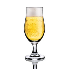 Beer wineglass goblet with white foam and bubbles, isolated on white with reflections
