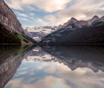 Mountain, glacier and water reflections at the Lake Louise, Banff National Park