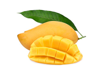 whole and slice ripe mango fruit with green leaf isolated on white background