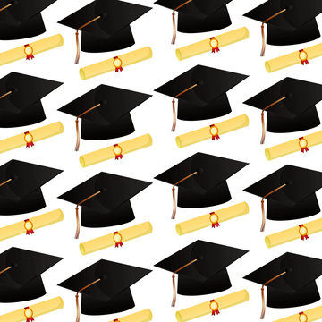 graduation hat and scroll certificates school pattern vector illustration