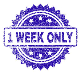 1 WEEK ONLY stamp watermark with grunge style. Blue vector rubber seal print of 1 WEEK ONLY text with dirty texture.