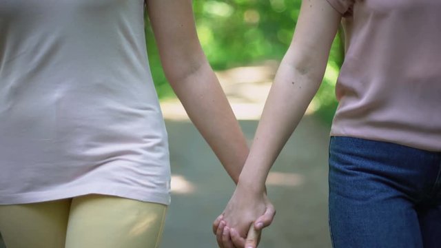 Lesbian couple walking together, holding hands, free choice of love no prejudice