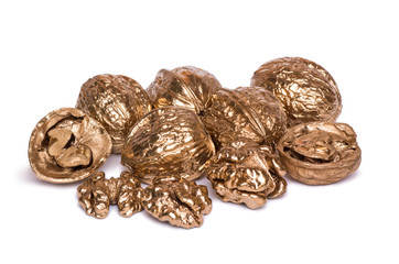 Group of peeled walnut kernels isolated on white background. Hand painted golden nuts.