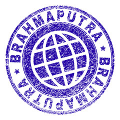BRAHMAPUTRA stamp imprint with grunge texture. Blue vector rubber seal imprint of BRAHMAPUTRA caption with dirty texture. Seal has words placed by circle and globe symbol.