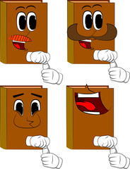 Books opening a blank tube of paste. Cartoon book collection with happy faces. Expressions vector set.