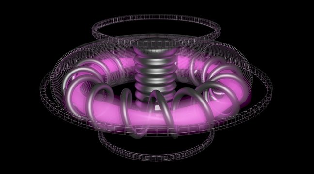 Fusion Reactor stellarator style. 3d render art concept. Outer shell , rings, Helical coils, glowing plasma