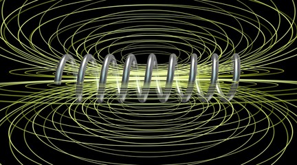Solenoid field. Magnetic field lines. 3d rendering. Close side view - obrazy, fototapety, plakaty