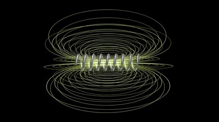 Solenoid field. Magnetic field lines. 3d rendering. Wide side view - obrazy, fototapety, plakaty