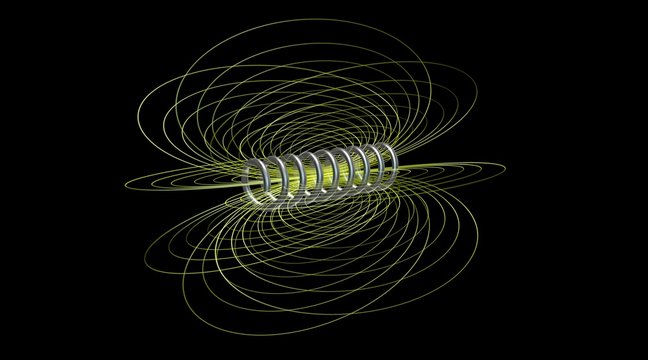  Solenoid field. Magnetic field lines. 3d rendering. Angled perspective view