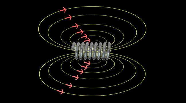  Solenoid field. Magnetic field lines. 3d rendering. Arrows indicate direction flow. 3d rendering.
