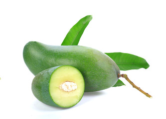 Fresh mango cut in half isolate on a white background.