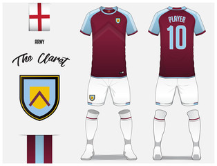Fototapeta premium Soccer jersey or football kit template for football club. Claret football shirt with sock and short mock up. Front and back view soccer uniform. Football logo and Flag label. Vector Illustration.