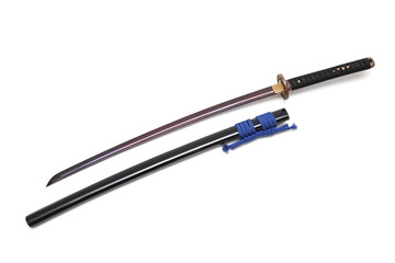 Japanese sword and scabbard on white background