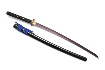 Japanese sword and scabbard on white background