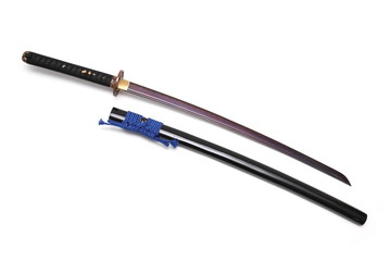 Japanese sword and scabbard on white background