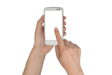 close up hand hold smartphone isolated.