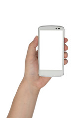 close up hand hold smartphone isolated.