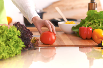 Close Up of human hands cooking vegetable salad in kitchen on the glass table with reflection. Healthy meal, and vegetarian food concept