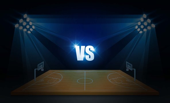 Basketball arena field with bright stadium lights design.match vs strategy broadcast graphic template. Vector illumination