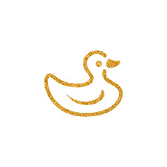 Rubber duck icon in gold glitter texture. Sparkle luxury style vector illustration.