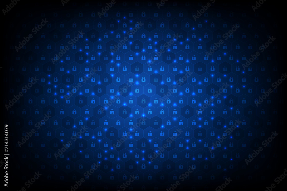 Poster blockchain circuit networking concept. distributed ledger technology. locks are located in hexagonal