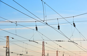 Wires at the railway station against the beautiful sky. Krasnoyarsk. Russia