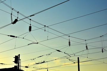 Wires at the railway station against the beautiful sky. Krasnoyarsk. Russia