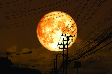 super full blood moon back silhouette power electric line and pillar