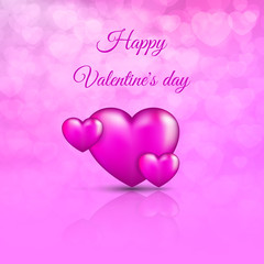 Happy Valentine's Day - cute greeting card. 3D realistic pink hearts on the lilac background bokeh. Love concept. Vector illustration.