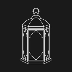 Islamic lantern for Muslim Community festival in linear style isolated on black background. Graphic design element for greeting card, invitation, flyer, banner. Vector illustration.