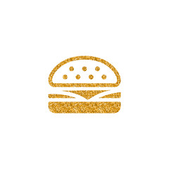 Burger icon in gold glitter texture. Sparkle luxury style vector illustration.