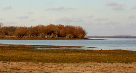 Beautiful autumn panorama of the Volga River. Nature of Russia.