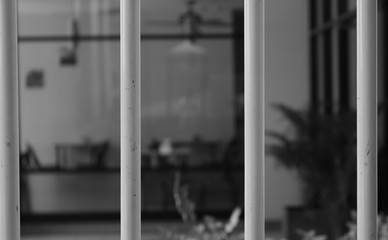 a blurred monochrome picture of an empty shop looking from behind the bar 