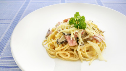 Spaghetti carbonara on dish