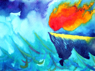 sun fire flame power in raining storm energy watercolor painting illustration design hand drawing