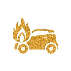 Car on fire icon in gold glitter texture. Sparkle luxury style vector illustration.
