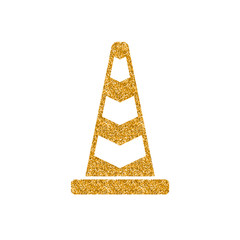 Traffic cone icon in gold glitter texture. Sparkle luxury style vector illustration.
