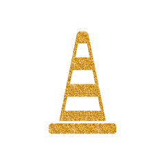Traffic cone icon in gold glitter texture. Sparkle luxury style vector illustration.