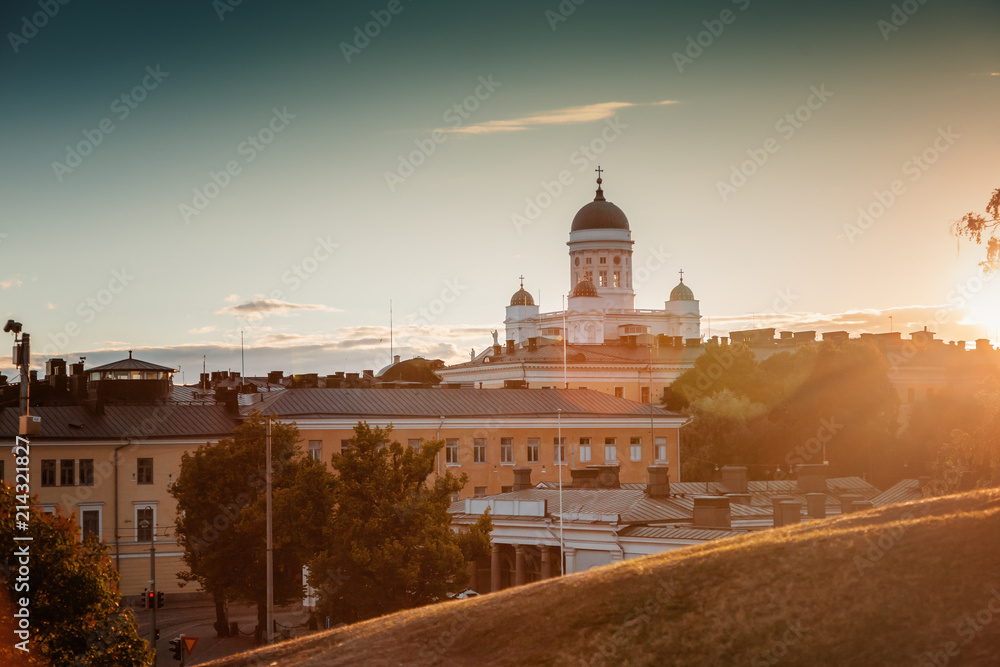 Wall mural helsinki, the capital of finland, view of the cathedral at sunset, beautiful city landscape