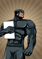 Illustration of powerful superhero holding book, magazine or comics. 