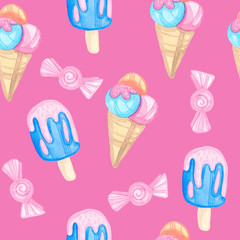 Seamless watercolor pattern handmade with cartoon sweets. Ice cream and sweets on a pink background