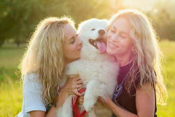 two beautiful and charming curly blonde twins smiling toothy woman in denim overalls are sitting at glass kissing a white fluffy samoyed dog in the summer park sunset rays background