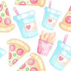 Seamless watercolor pattern handmade with cartoon fast food. Pizza and French fries with a drink on a white background