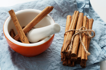 Cinnamon in a mortar