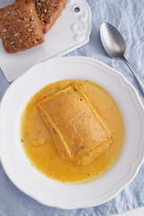 Reheated frozen soup