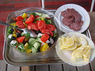 Breakfast, Greek salad and salami