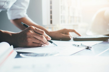 Architect Engineer Design Working on Blueprint Planning Concept. Construction Concept