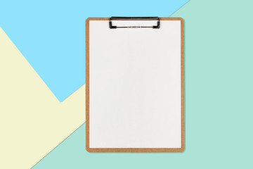 Clipboard with white sheet on pastel color background, Minimal concept