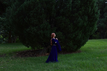 full length portrait of girl wearing long blue medieval gown. wandering through a forest landscape.